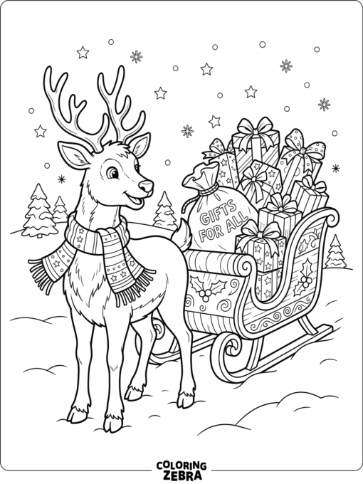 En ren med halsduk bredvid en släde full av julklappar