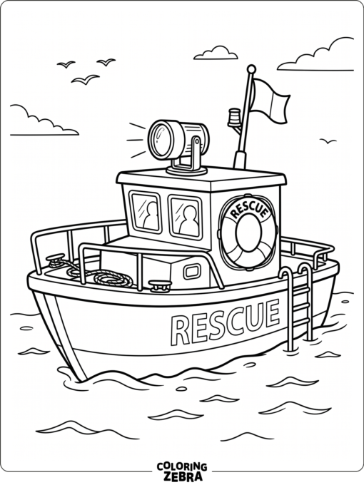 A rescue boat with a life ring and a small search light