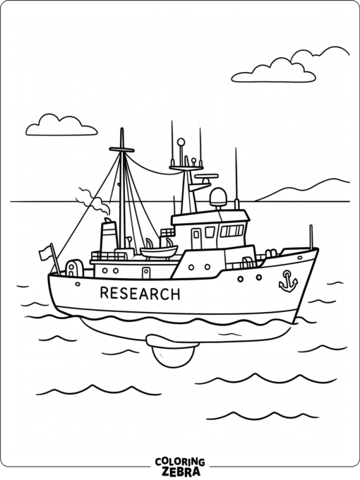 A research vessel with antennas, a sonar dome, and open deck space