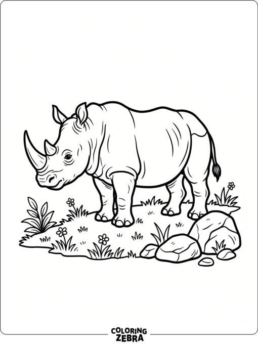 A rhino stands on grass beside a few rocks