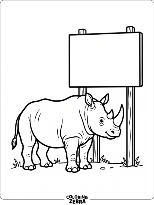 A rhino stands beside a blank sign