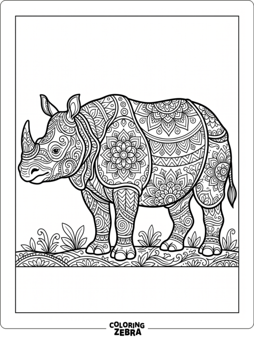 An ornate rhino with decorative patterns and mandala shapes