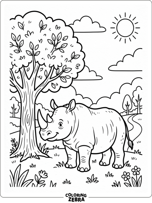 A friendly rhino stands in a park with a tree