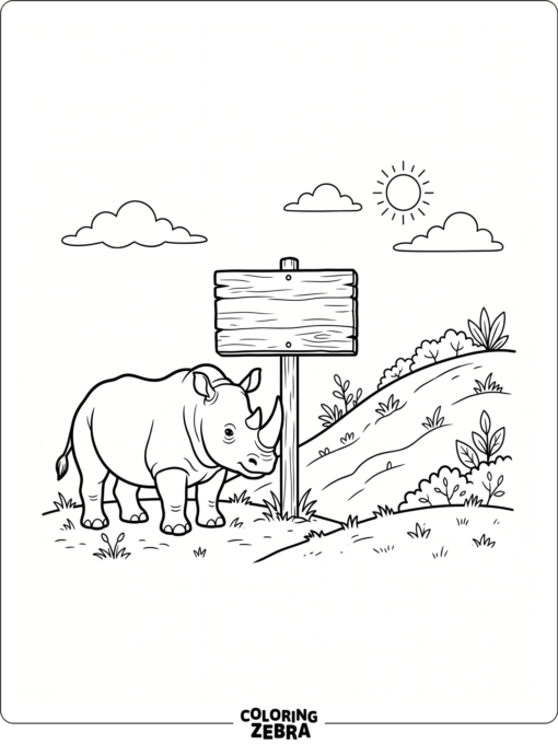 A rhino stands beside a wooden sign