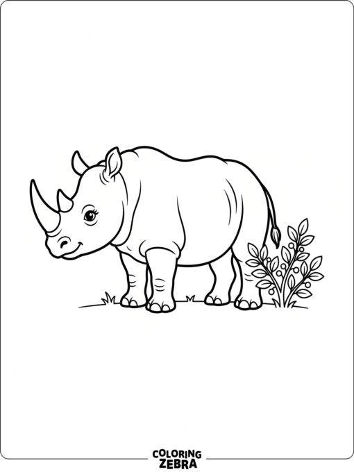 A rhino stands near a small bush