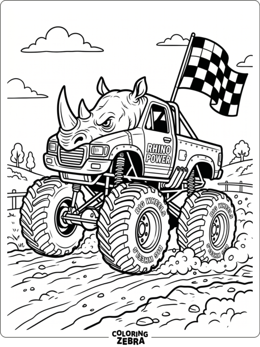 A rhino monster truck with huge wheels and a flag