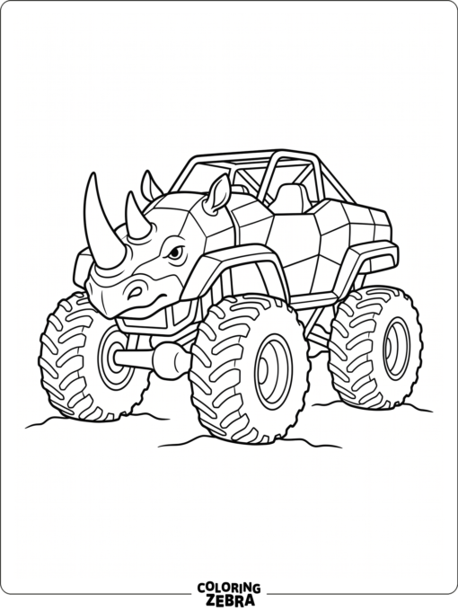 A rhino themed monster truck with a horned front