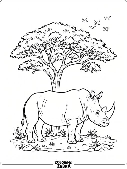 A rhinoceros stands under a tree