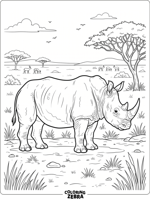 A rhinoceros stands in profile on a savanna field