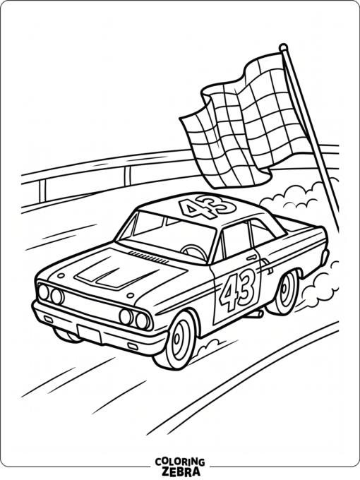 A classic race car with number 43 and a checkered flag