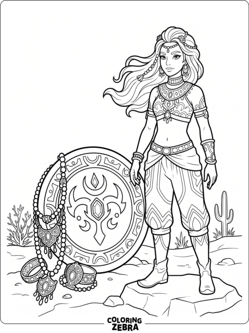 Riju standing with desert jewelry and a shield