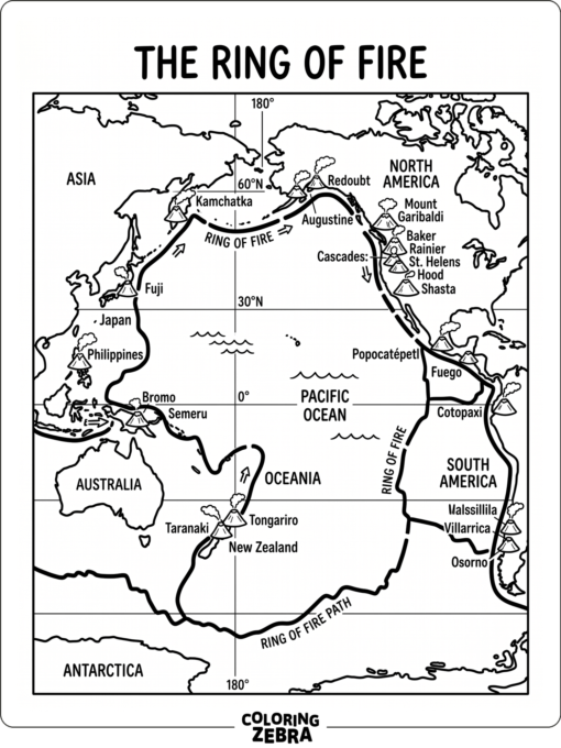 A map of volcanoes along the Ring of Fire