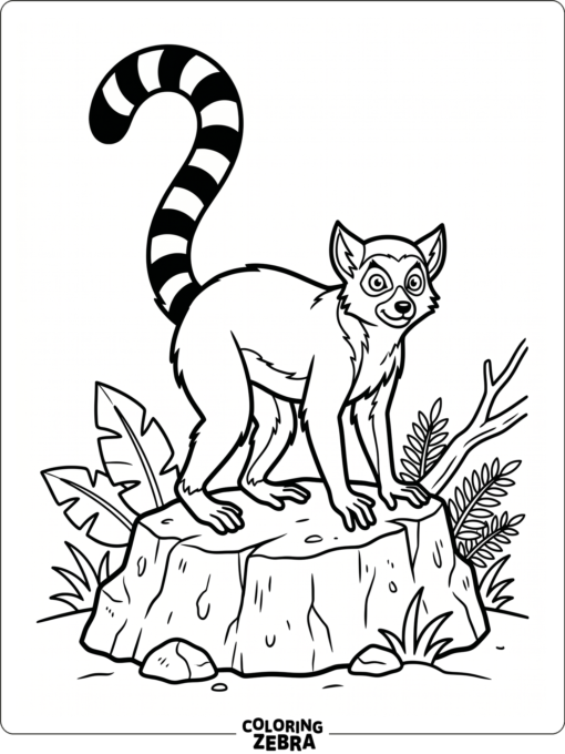 A ring tailed lemur stands on a rock with a striped tail