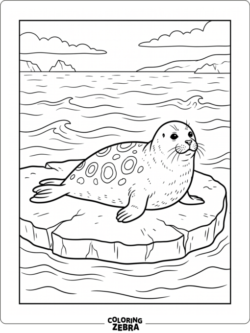 A ringed seal lying on ice near calm water