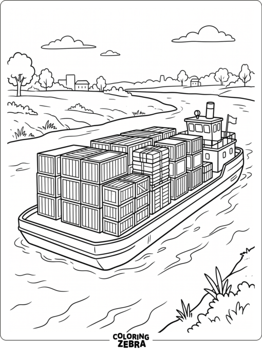 A flat river barge carrying cargo