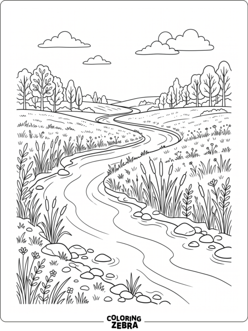 A river winding through fields with reeds and stones