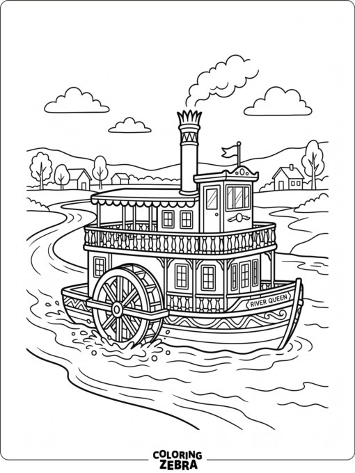 A riverboat with a paddle wheel and smokestack on a quiet river