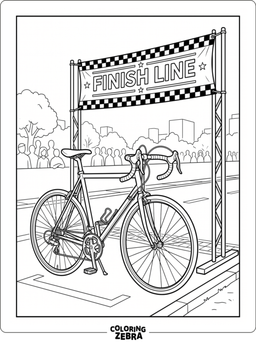 A road bike with thin tires near a finish banner