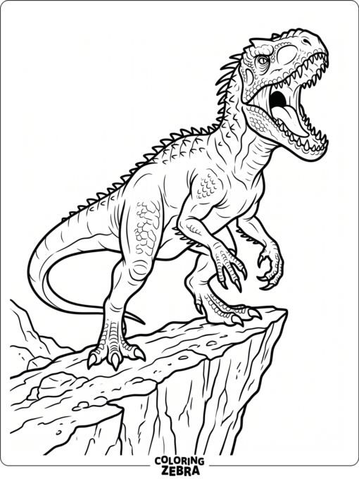 A roaring indominus rex standing on a cliff