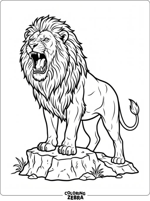 A roaring lion stands on a rock