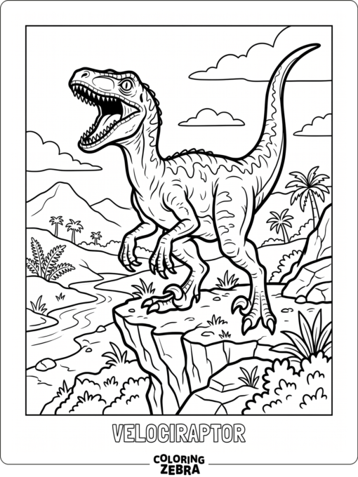 A roaring velociraptor standing on a cliff