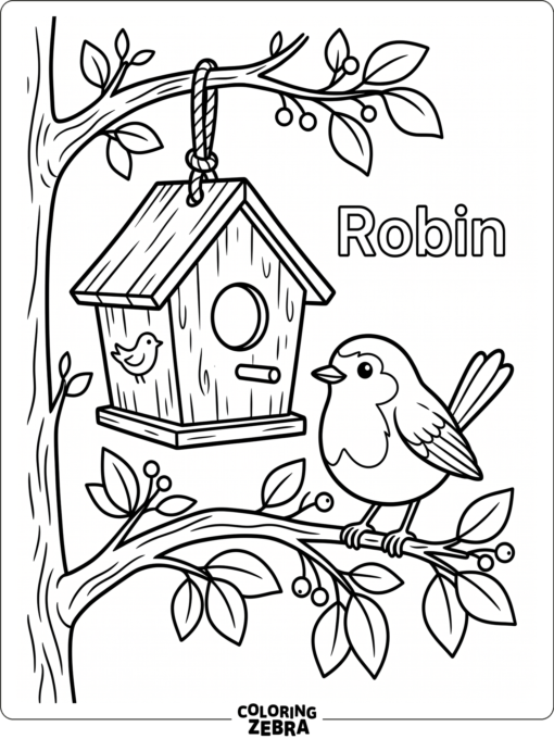 A robin sitting near a birdhouse on a branch