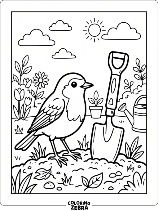 A robin bird perched beside a small garden shovel