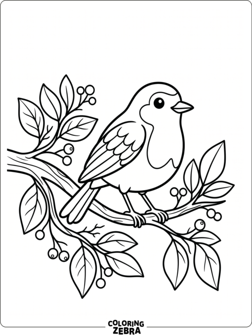 A robin sits on a branch with simple leaves around it