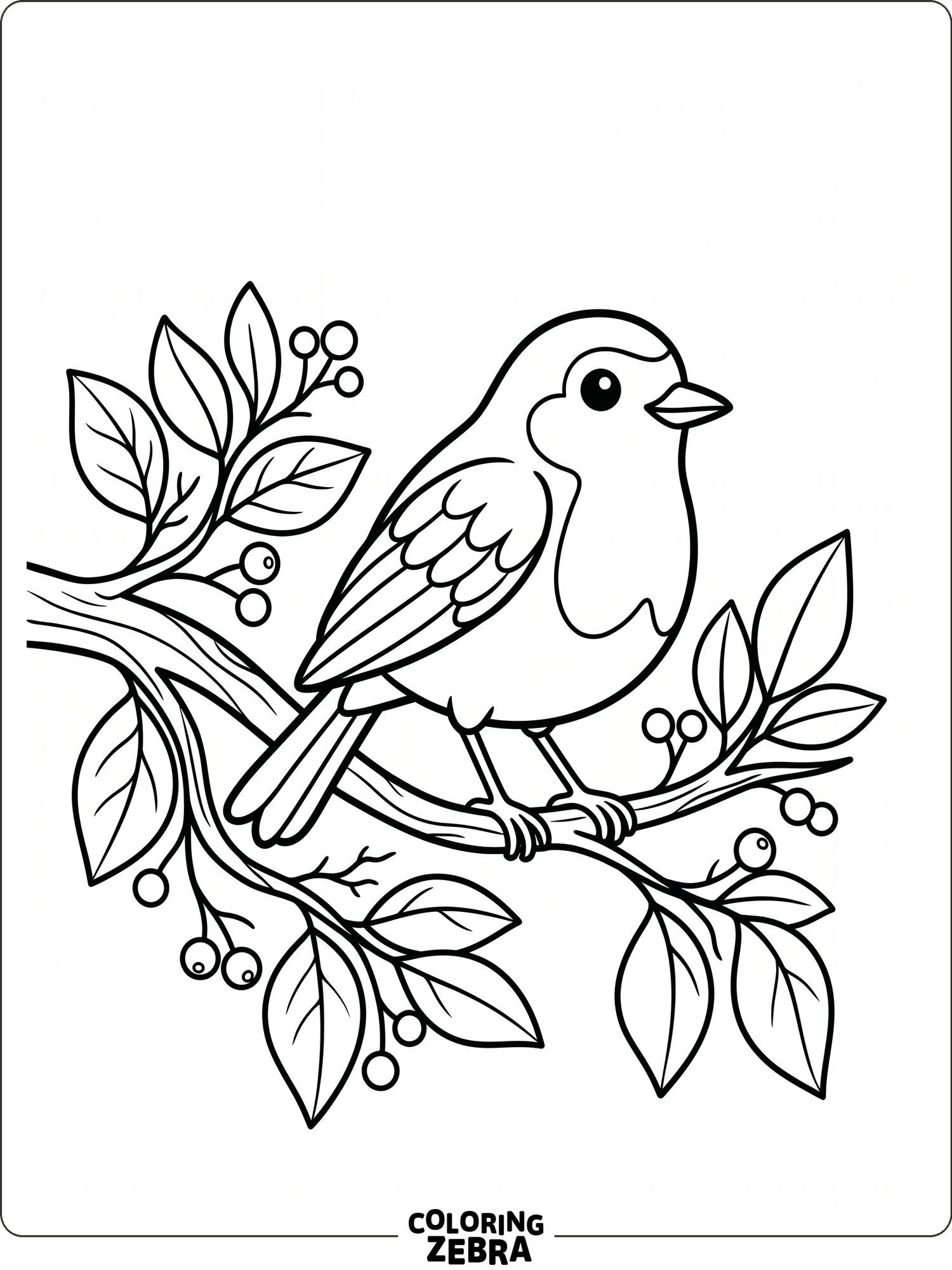 A robin sits on a branch with simple leaves around it