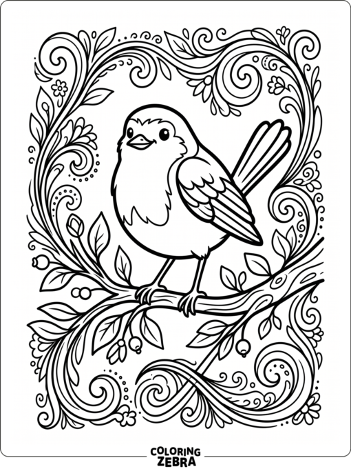 A detailed robin with decorative swirls and branches