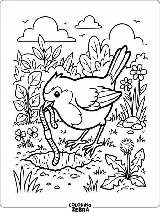 A robin pulling up a worm from the grass