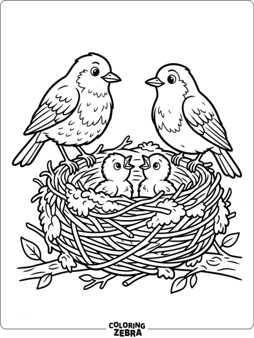 Two robins with chicks gathered in a nest