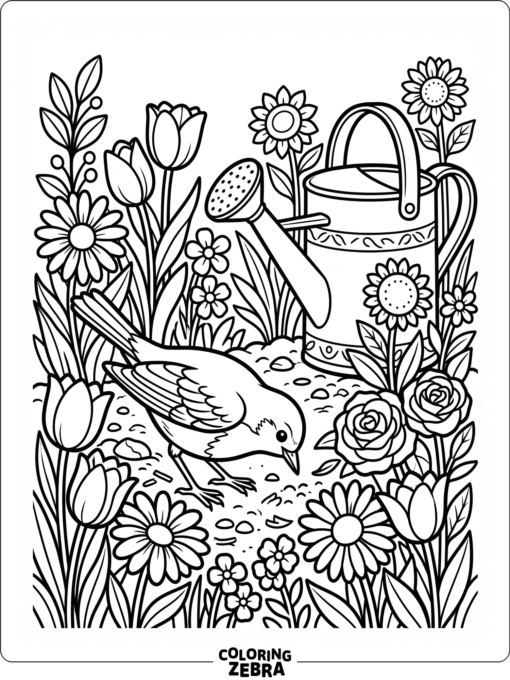 A robin in a garden beside flowers and a watering can