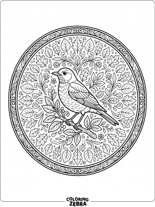 A robin inside a round mandala design