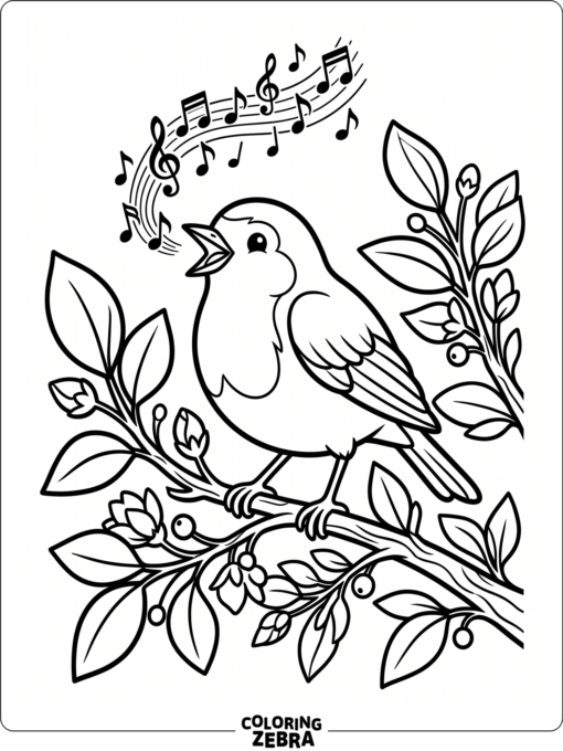 A robin singing on a branch with musical notes