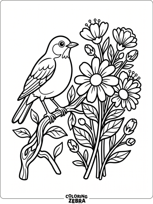 A robin sitting beside a cluster of flowers