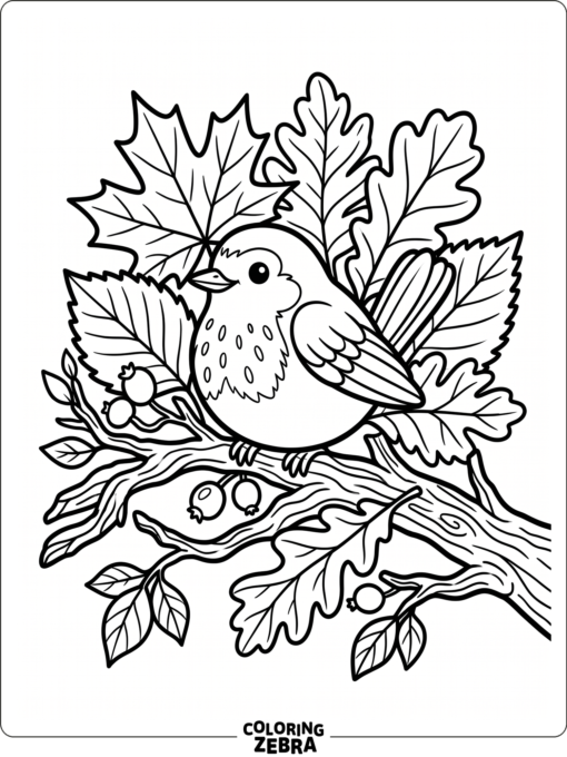 A robin among fallen leaves on a branch