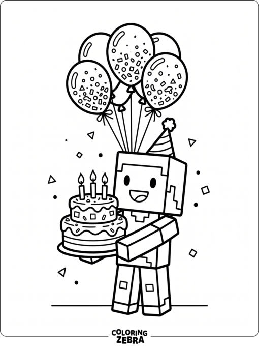 A blocky game character stands by a cake with balloons and confetti