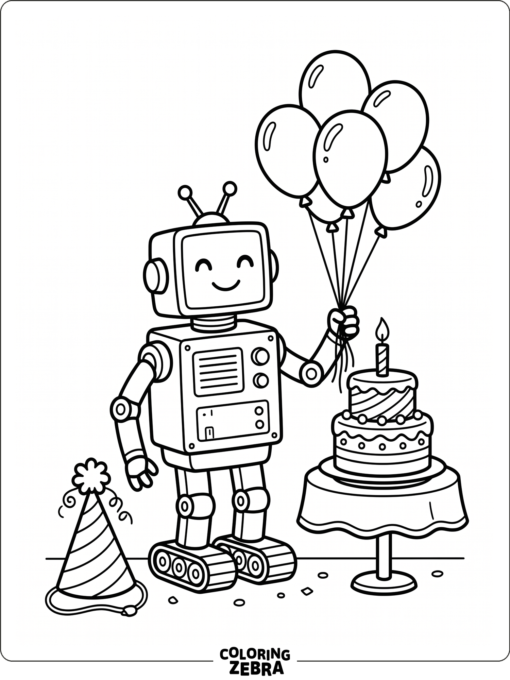 Robot at a birthday party with cake and balloons