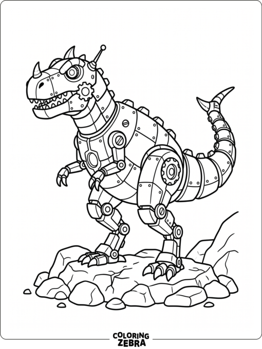 Metal robot dinosaur on rocky ground