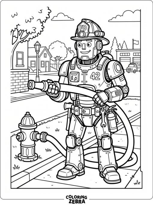 Robot firefighter with hose and helmet
