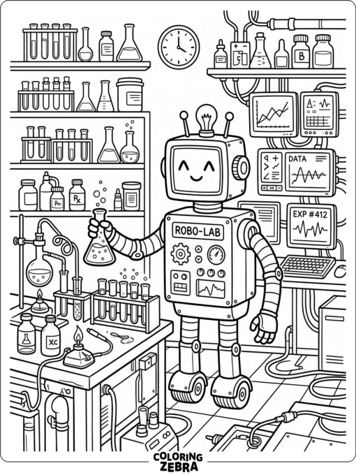 Robot in a lab with test tubes and screens