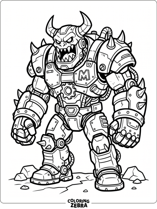 Monster robot with horns and jagged teeth
