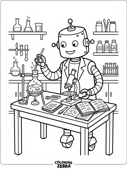 Robot scientist with beaker and microscope