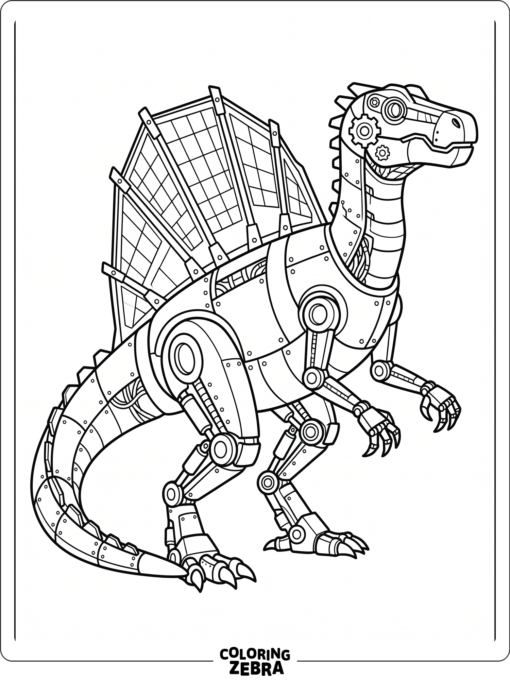Metal spinosaurus robot with a tall sail