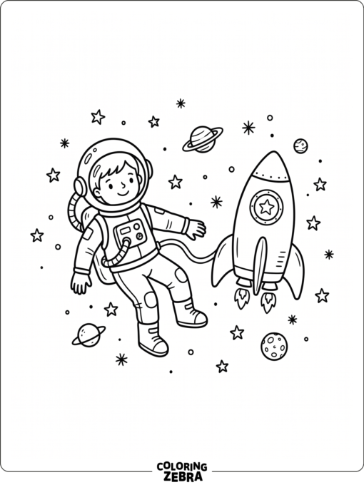 A rocket floating beside an astronaut