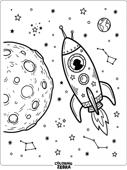 A rocket near the moon with crater circles and stars