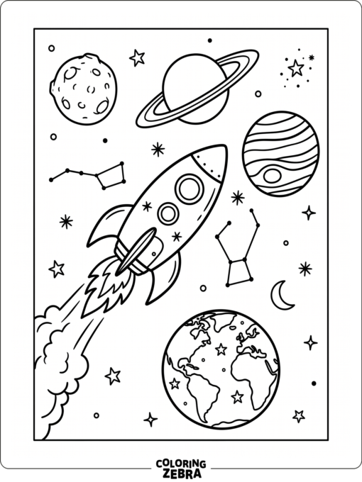 A rocket traveling past planets in a simple solar system