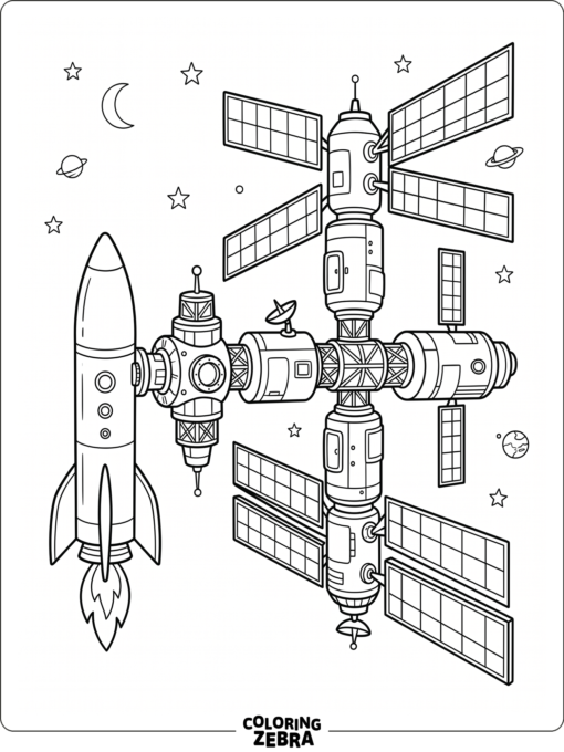 A rocket docked at a space station with solar panels