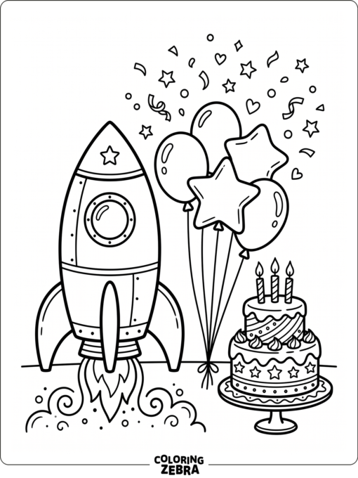 Rocket with birthday balloons and cake
